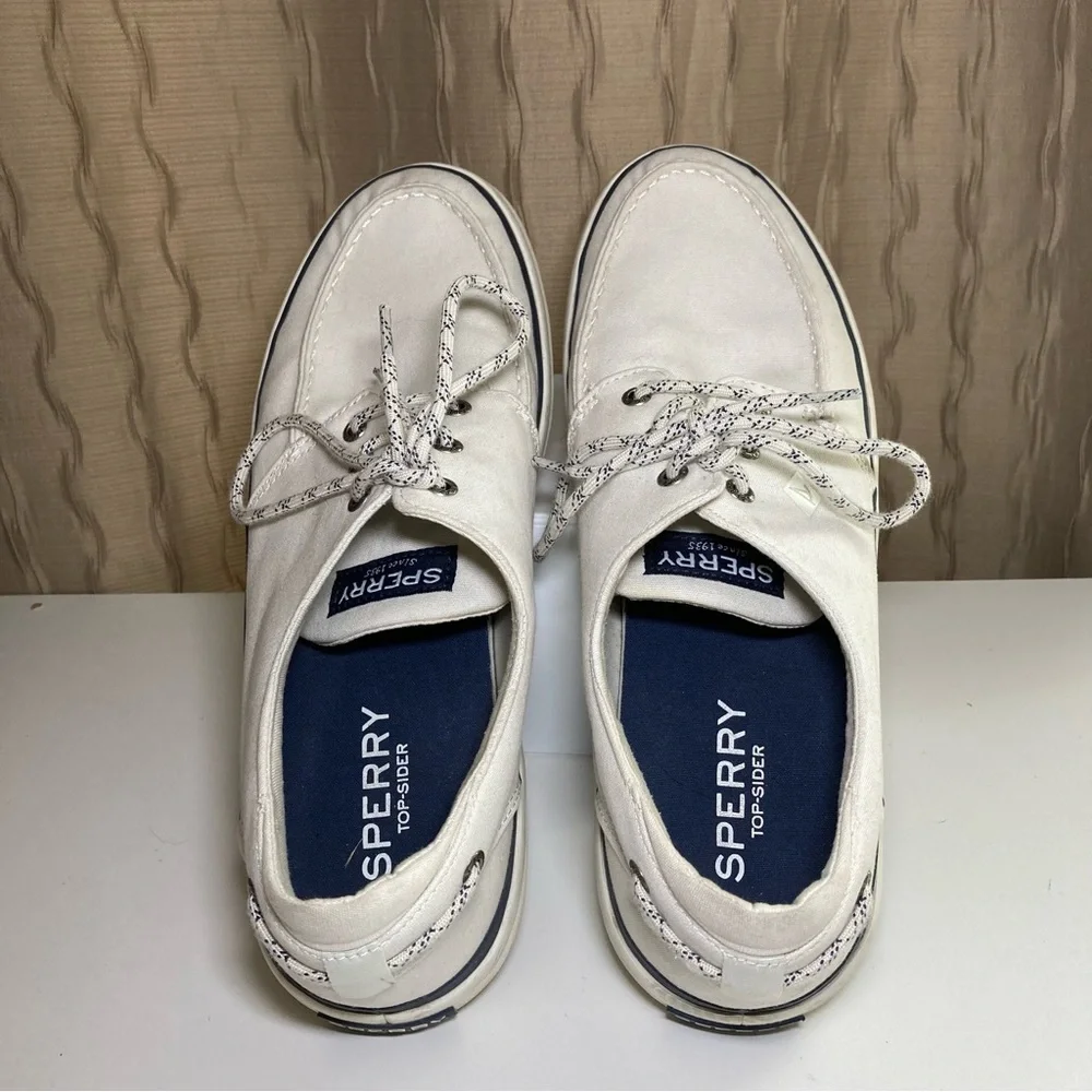 Sperry Top Sider Men's 11.5 Halyard Boat Shoes Tie Canvas 3 Eye White STS19141
